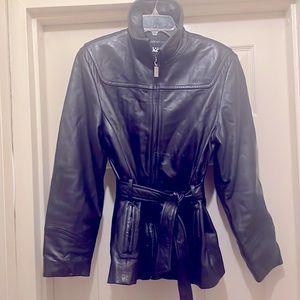 Kenneth Cole high collar leather jacket with attached belt